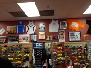 Some of the running gear signed by greats who have passed through the doors of Dick Pond Athletics. 