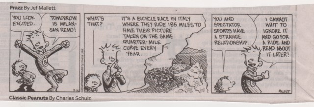 The Frazz cartoon features a janitor who is a cyclist and triathlete. Today's cartoon so captures cycling fandom it deserves to be promoted. Hilarious. 