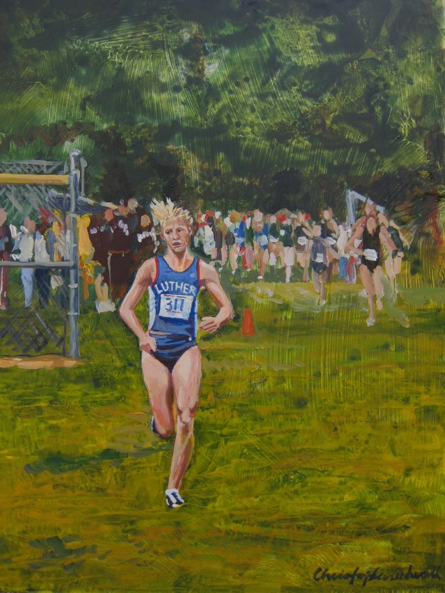 This painting by Christopher Cudworth of Johanna Olson, Luther College distance runner, will be given to her family during a fund raising event in Arizona. Click to view. 