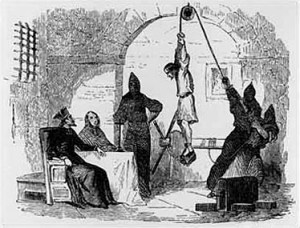 Inquisitors torture an innocent subject. It is rumored his sock drawer was completely disorganized, a heresy under Catholic Orthodoxy. 