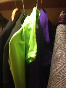 The purple LL Bean sweatshirt meets its possible green successor in my closet. 