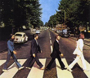 The Beatles on Abbey Road. Notice one of them is sporting minimalist footwear.