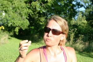 A woman doing her best chipmunk imitation