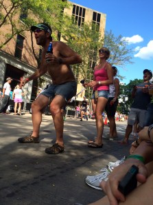 This rather drunken fellow and his comely mate were later removed for being a little too enthusiastic in their cheering while spilling beer on the athletes. 