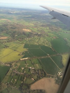 The view of the English countryside from the airplane window. 