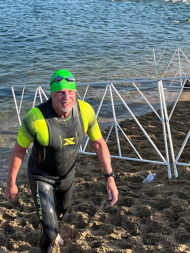 Christopher Cudworth emerging from the swim section of an Olympic distance triathlon